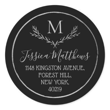 Chic Silver Foil Wreath Monogram Return Address Classic Round Sticker