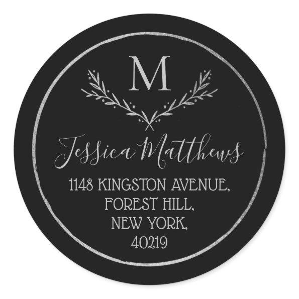 Chic Silver Foil Wreath Monogram Return Address Classic Round Sticker