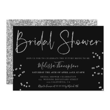 Chic silver glitter script black bridal shower Invitations