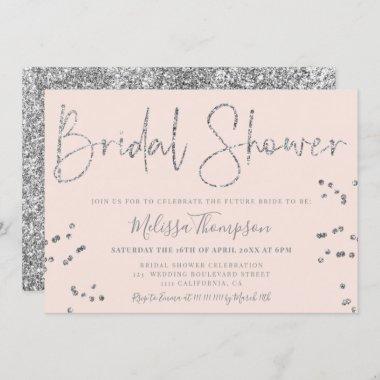 Chic silver glitter script pink bridal shower Invitations