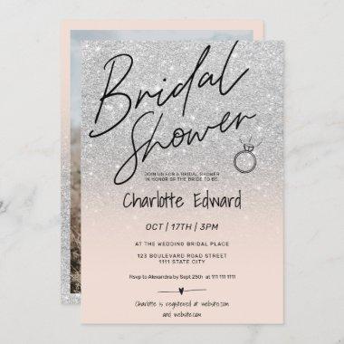 Chic silver script photo bridal shower ring pink Invitations