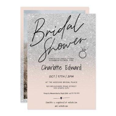 Chic silver script photo bridal shower ring pink Invitations