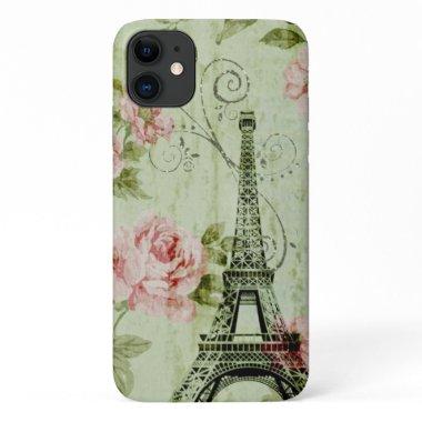 chic spring mint pink floral paris eiffel tower iPhone 11 case