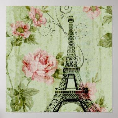 chic spring mint pink floral paris eiffel tower poster