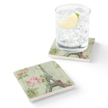 chic spring mint pink floral paris eiffel tower stone coaster