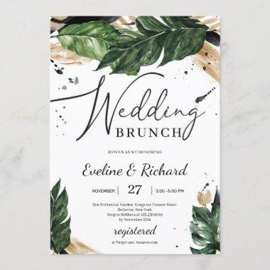 Chic summer tropical leaves gold wedding brunch Invitations