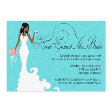 Chic Teal Black Coral Damask Here Comes the Bride Invitations