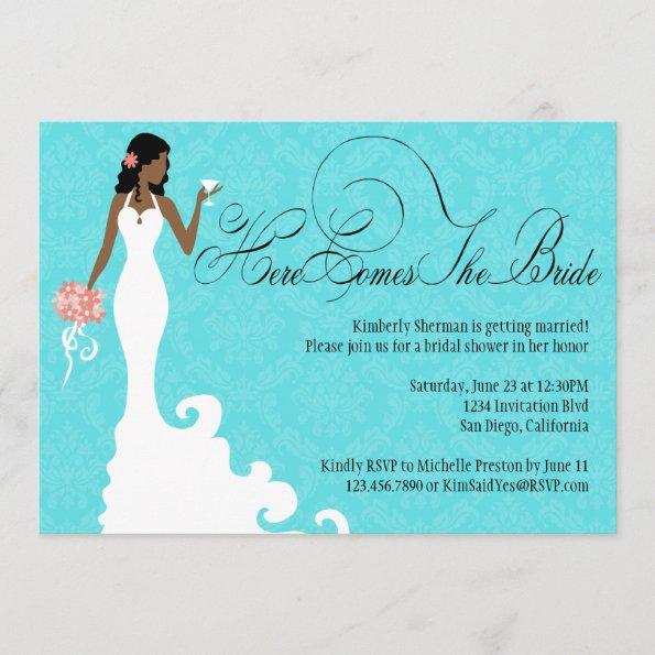 Chic Teal Black Coral Damask Here Comes the Bride Invitations