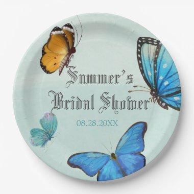 Chic Teal Blue Watercolor Butterfly Wedding Paper Plates