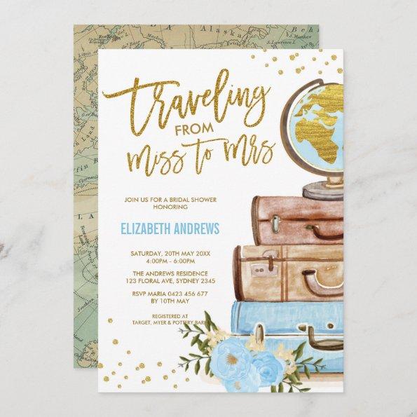Chic Traveling Miss to Mrs Blue Gold Bridal Shower Invitations