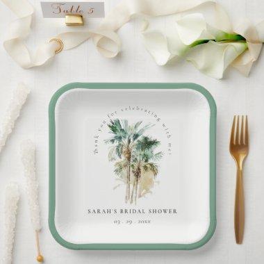 Chic Tropical Watercolor Palm Trees Bridal Shower Paper Plates