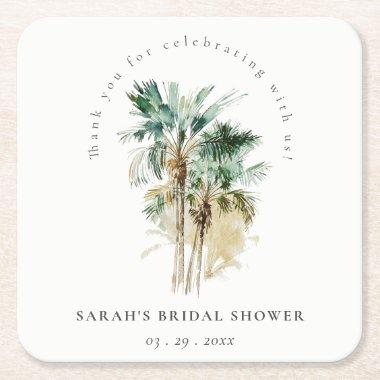 Chic Tropical Watercolor Palm Trees Bridal Shower Square Paper Coaster