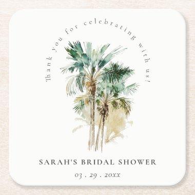Chic Tropical Watercolor Palm Trees  Square Paper Coaster