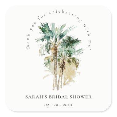 Chic Tropical Watercolor Palm Trees Bridal Shower Square Sticker