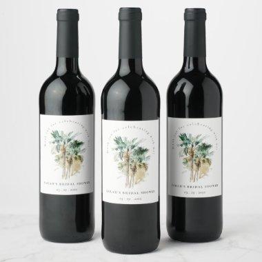 Chic Tropical Watercolor Palm Trees Bridal Shower Wine Label
