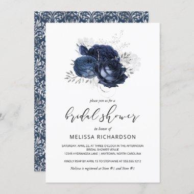 Chic Vintage Floral Navy Blue Silver Bridal Shower Invitations