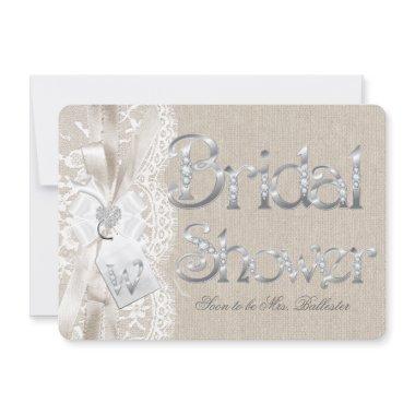 Chic Vintage Lace Silver Burlap Bridal Shower Invitations