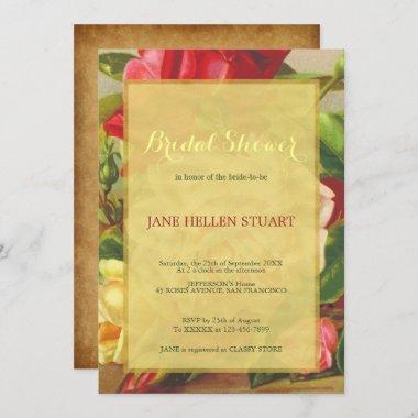 Chic vintage roses gold framed bridal shower Invitations