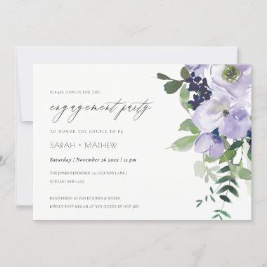 Chic Violet Purple Floral Leafy Engagement Invite