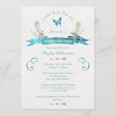 Chic Watercolor Banner Butterfly Bridal Shower Invitations