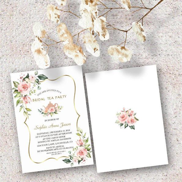 Chic Watercolor Blush Floral Gold Bridal Tea Party Invitations