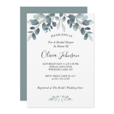 Chic Watercolor Eucalytus Bloom Bridal Shower Invitations