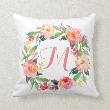 Chic Watercolor Floral Wreath Monogram Throw Pillow