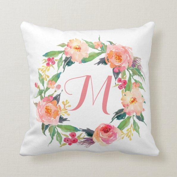 Chic Watercolor Floral Wreath Monogrammed Throw Pillow