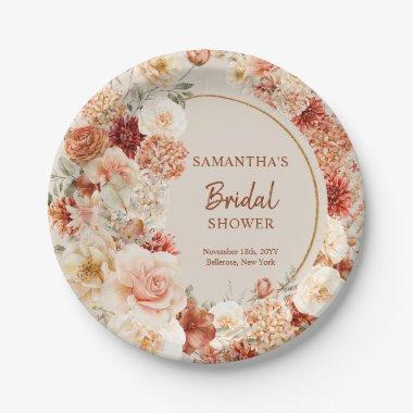 Chic watercolor flowers fall colors copper blush paper plates