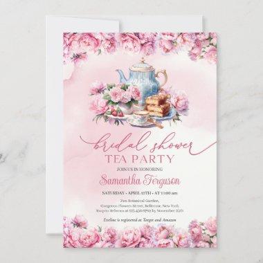 Chic watercolor fuchsia peonies floral tea party Invitations