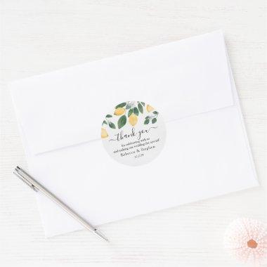 Chic Watercolor Lemon & Greenery Wedding Thank You Classic Round Sticker