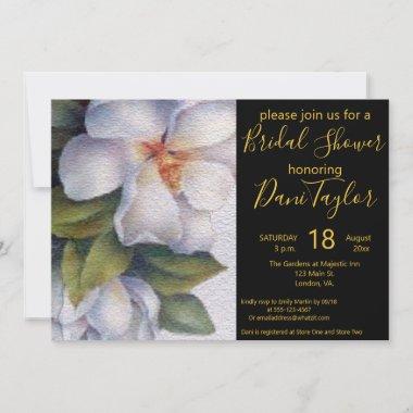 Chic Watercolor Magnolia Gold Text Bridal Shower I Invitations