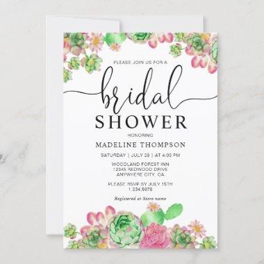 Chic Watercolor Succulent Cactus Bridal Shower Invitations