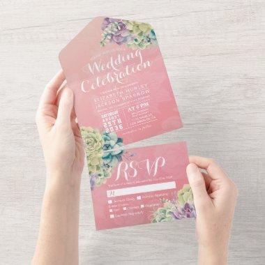 Chic Watercolor Succulent Pink Flower Wedding RSVP All In One
