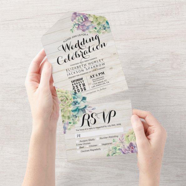 Chic Watercolor Succulent Rustic Wood Wedding RSVP All In One Invitations