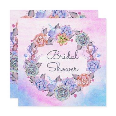 Chic Watercolor Succulents Wreath Bridal Shower Invitations