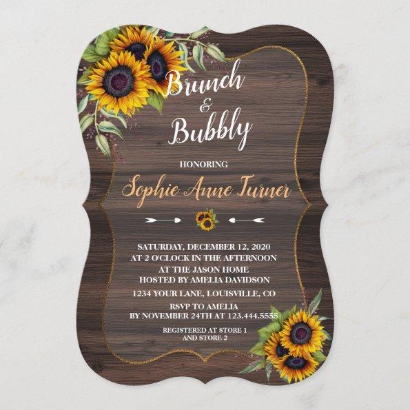 Chic Watercolour Sunflowers Wood Brunch & Bubbly Invitations
