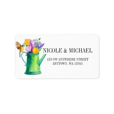 Chic watering can with flowers and bird wedding label