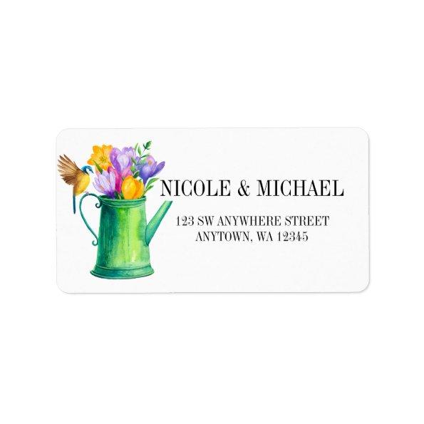 Chic watering can with flowers and bird wedding label