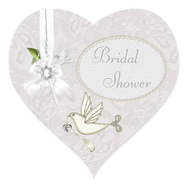 Chic White Dove Paisley Lace & Cameo Bridal Shower Heart Sticker