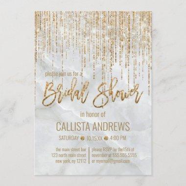 Chic White Gold Glitter Pearl Marble Bridal Shower Invitations