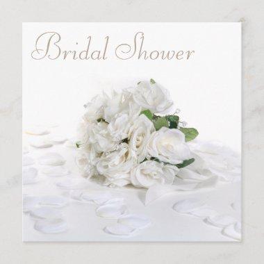 Chic White Roses Bouquet & Petals Bridal Shower Invitations