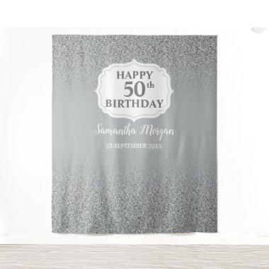 Chic White Silver glitter birthday backdrop banner