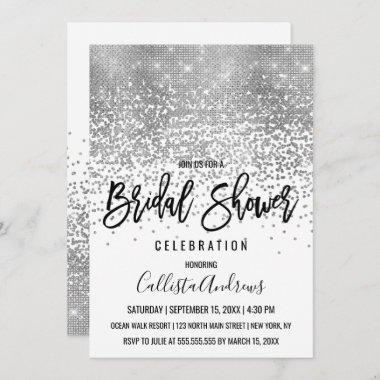 Chic White Silver Glitter Confetti Bridal Shower Invitations
