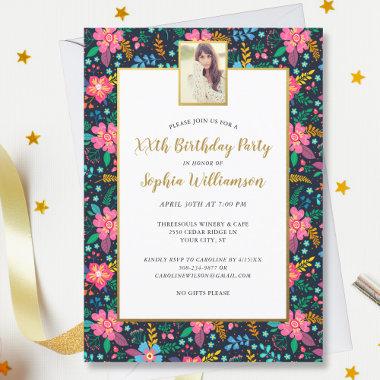 Chic Wildflowers, Any Age Add Photo Birthday Party Invitations