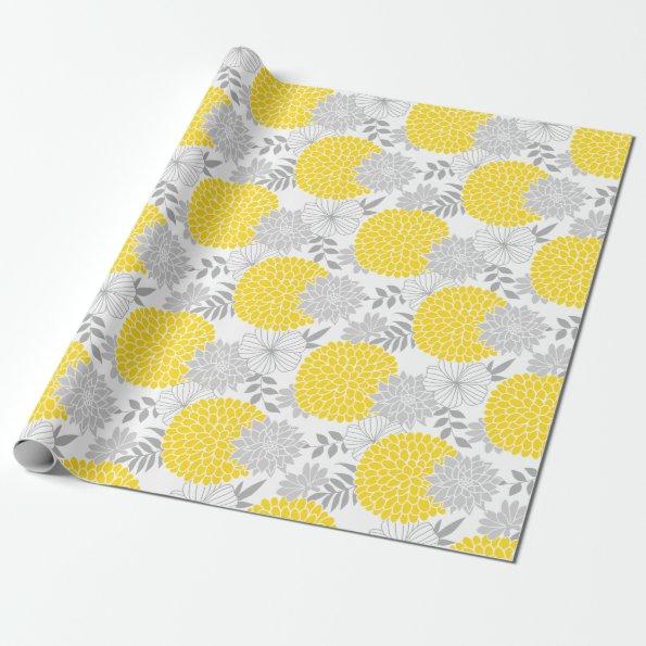 Chic Yellow and Gray Floral Pattern Wrapping Paper