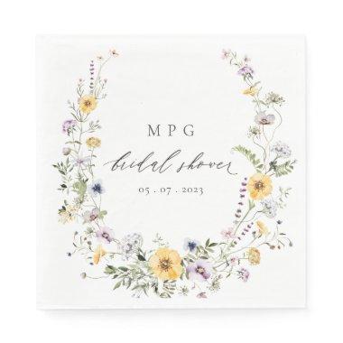 Chic Yellow Lilac Wildflower Wreath Bridal Shower Napkins