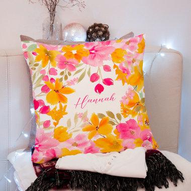 Chic yellow pink floral watercolor bridal name throw pillow
