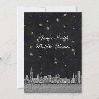 Chicago Skyline Blk Gold Star Bridal Shower V Invitations