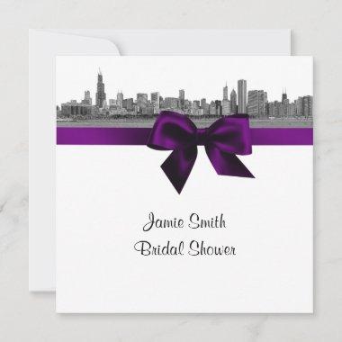 Chicago Skyline Etch BW Purple SQ Bridal Shower S Invitations